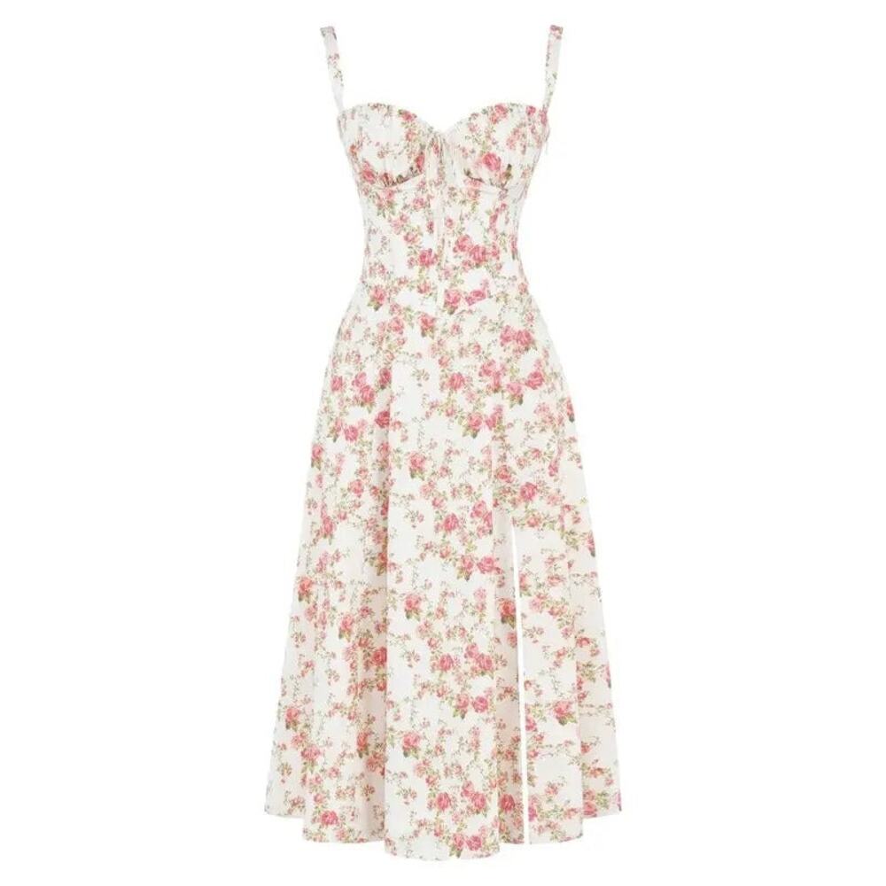 White Pink Floral Bustier Sweetheart Maxi Dress Pockets Side Slit Plus 5X NWT